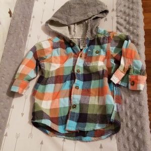 Plaid long sleeve button down with gray hoodie